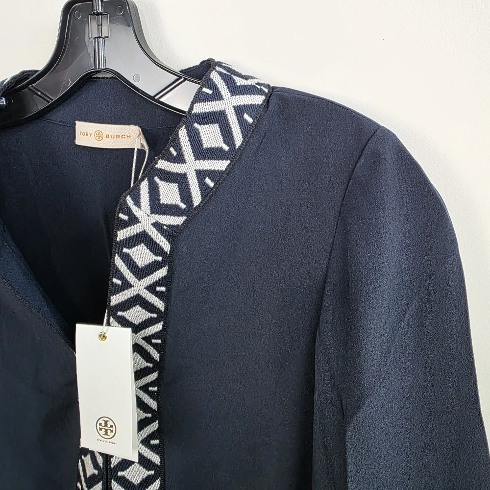 Tory Burch Embroidered Navy Tunic Top with Geometric Trim
